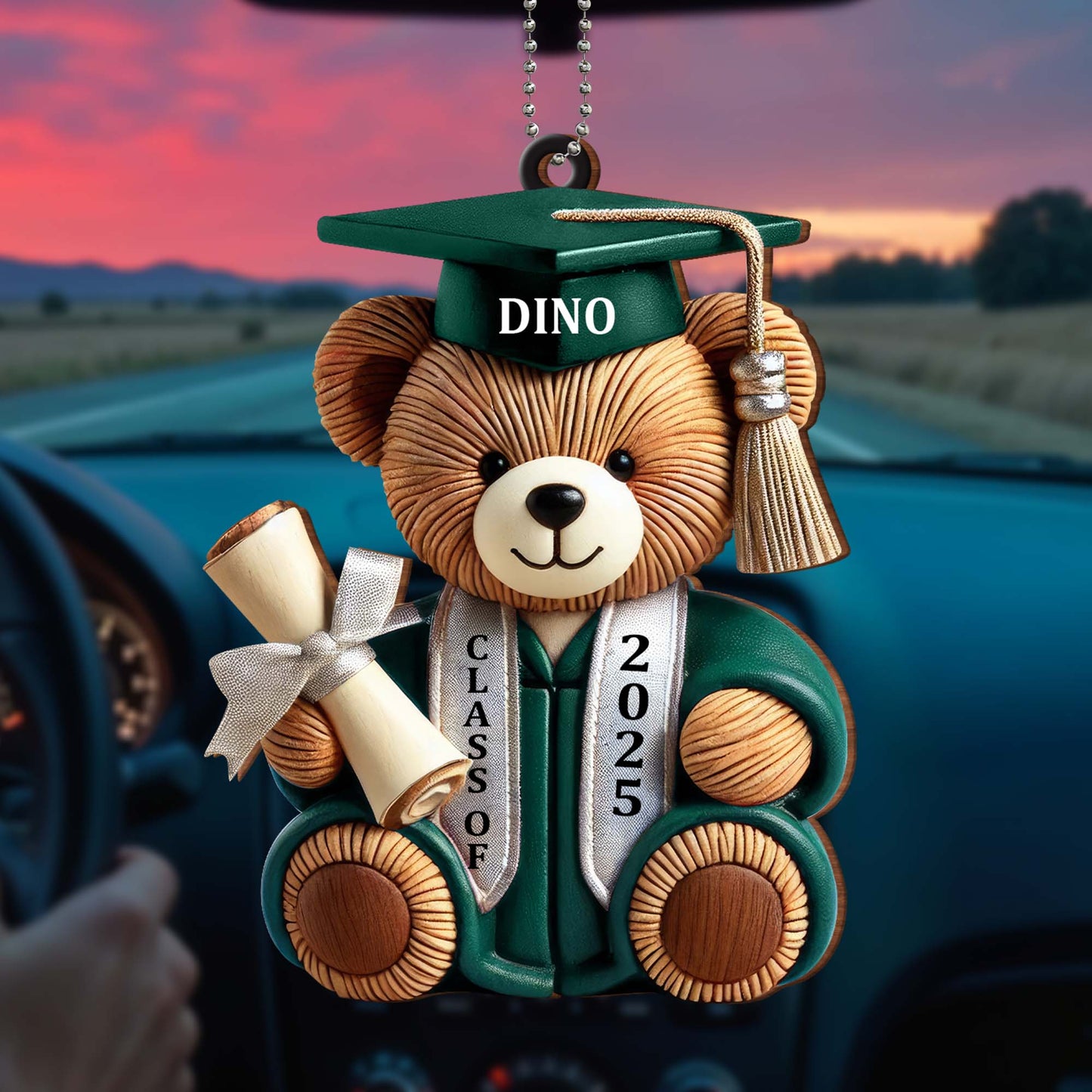 Graduation Teddy Bear With Cap And Diploma - Personalized Custom Wood Ornament, Car Hanging Ornament - GRAD005_WCA