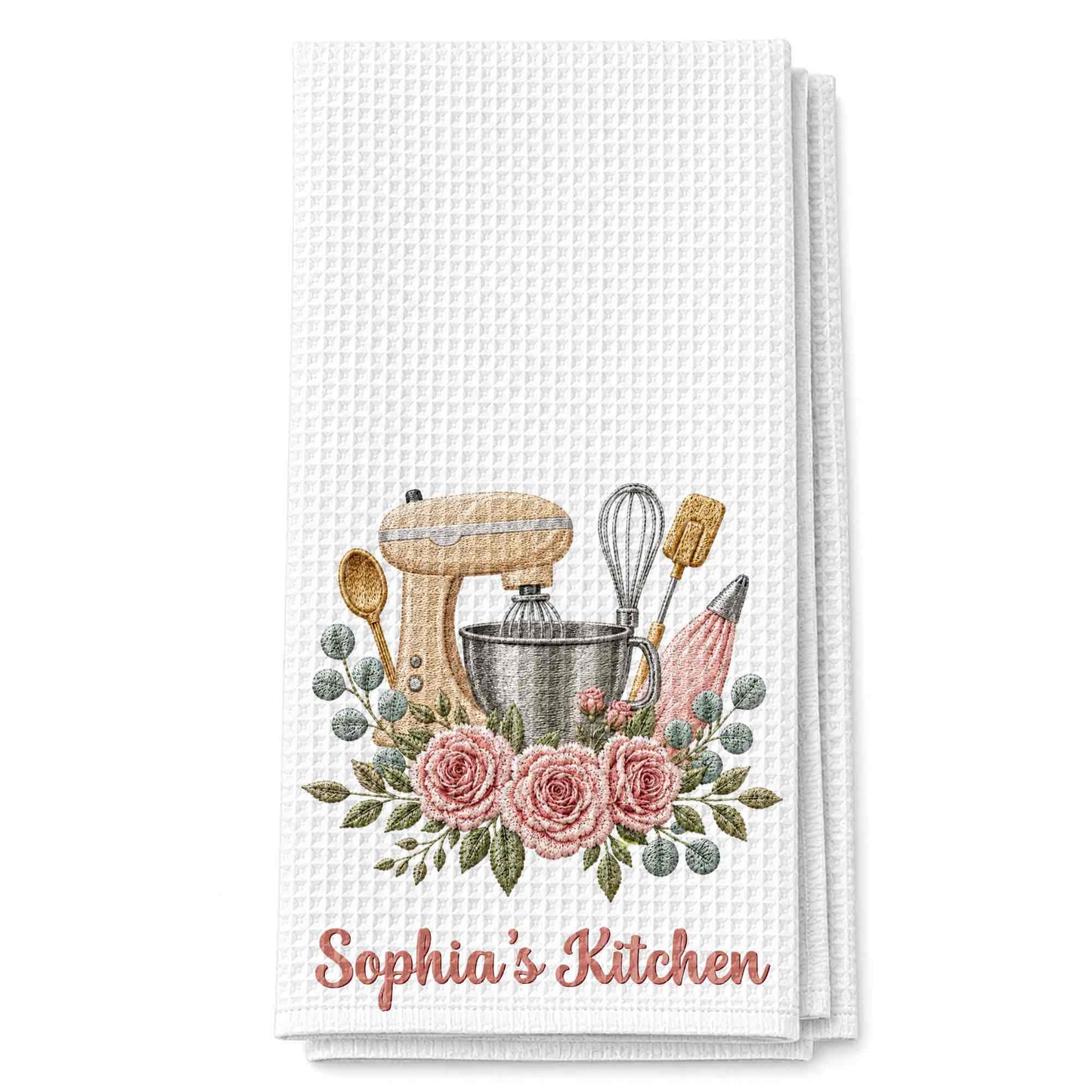 My Kitchen Stand Mixer and Pink Roses Floral Design - Personalized Kitchen Towel - BAKE035_TOWL