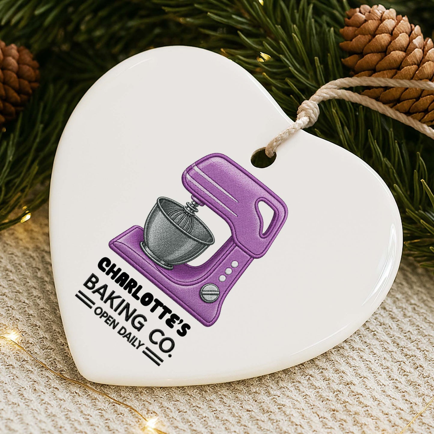 Baking Co. Open Daily Custom Dough Mixer Embroidery Style - Personalized Custom Ceramic Ornament With Heart Shape - BAKE043_HCE