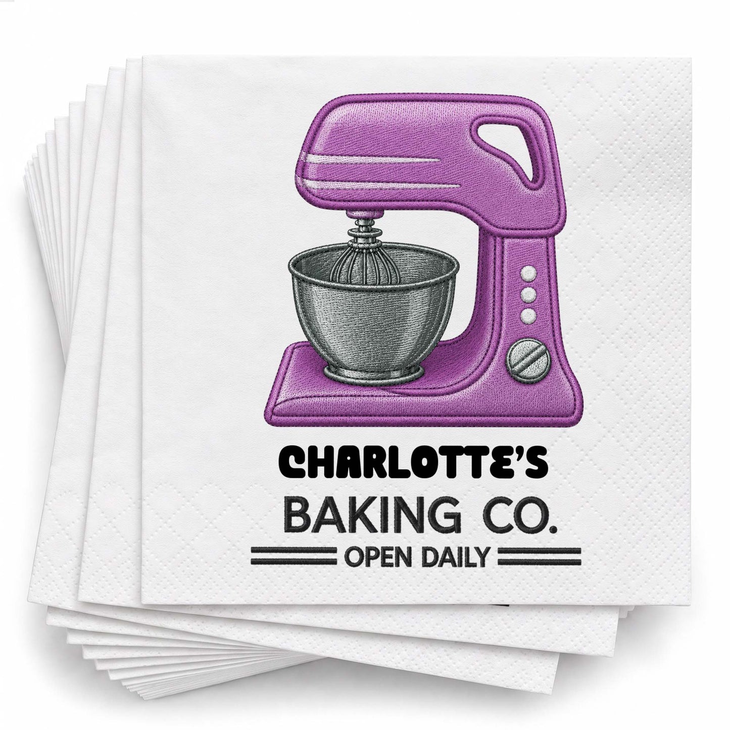 Baking Co Open Daily Custom Dough Mixer 3D Embroidery Style - Personalized Cocktail Napkins - BAKE043_PENAP