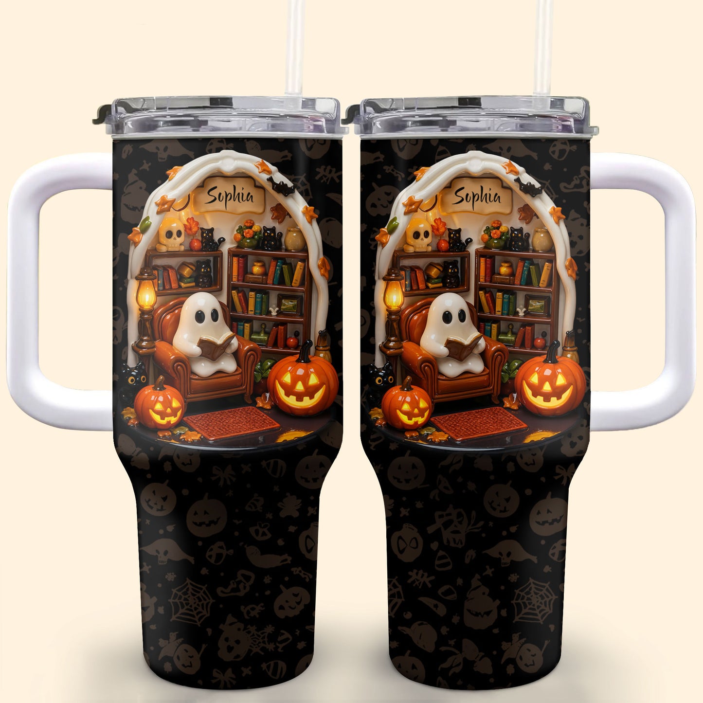 Sophia’s Reading Nook, Ghost And Pumpkin Design - Personalized 40oz Tumbler With Straw - BLV002_TBS