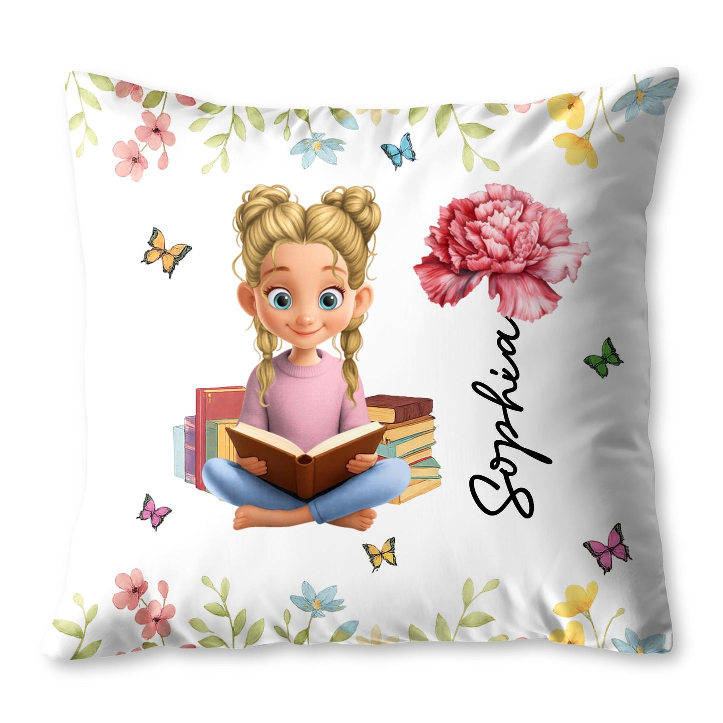 A Celebration Of Reading And Nature With Girl, Books, Butterflies, Flowers