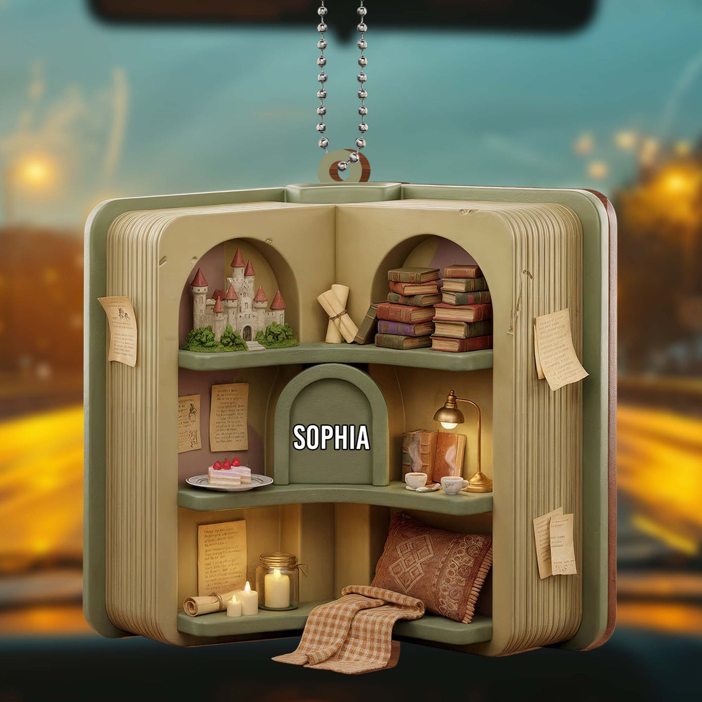 Miniature Library With Books, Castle, And Tea Set