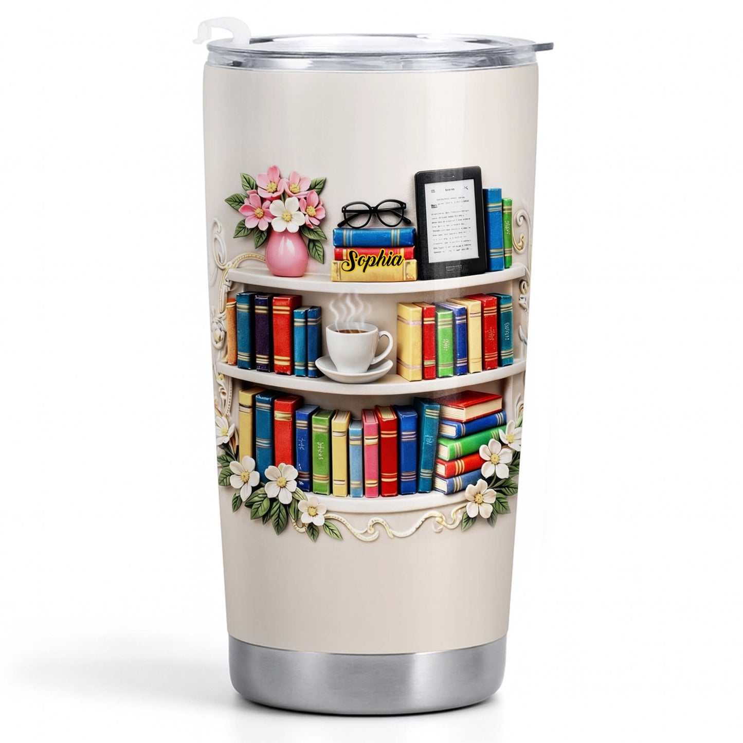Personal Library Inspiration Tumbler With Books And Coffee
