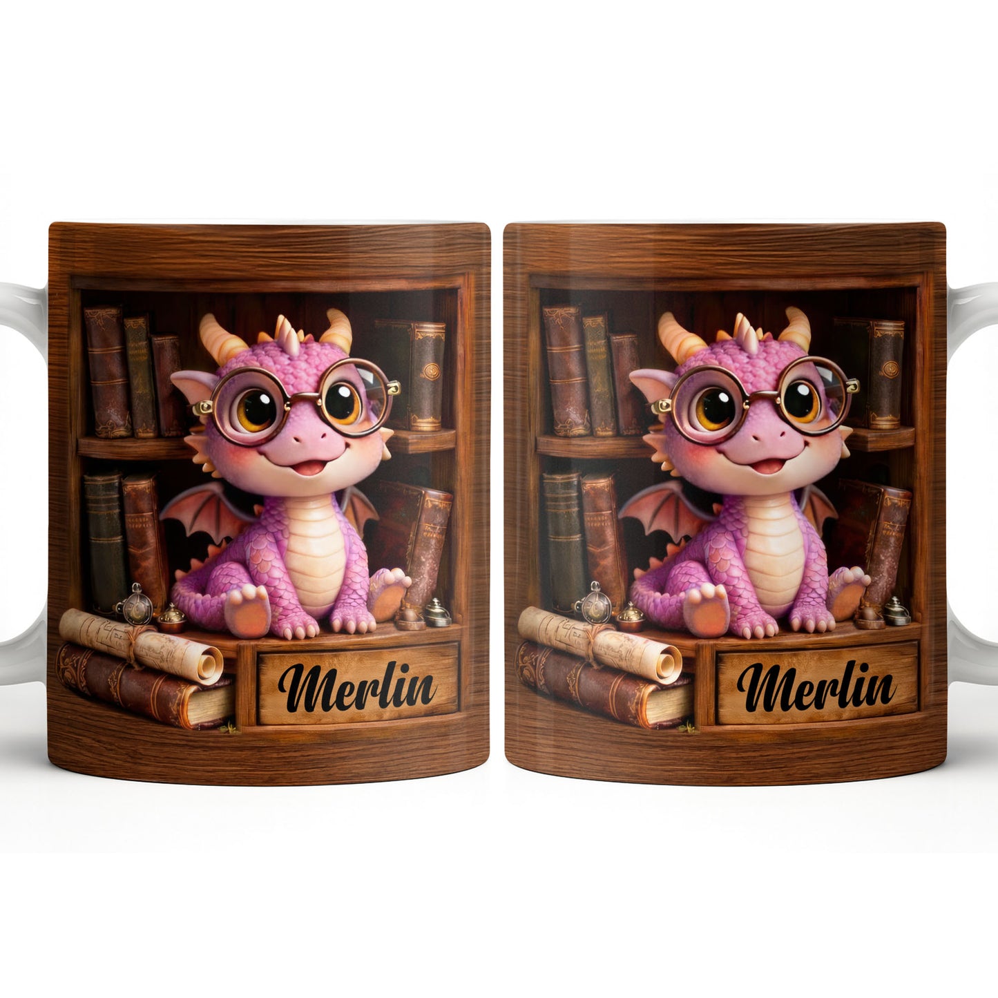 Cute Baby Dragon With Glasses, Books And Scrolls Wooden Bookshelf