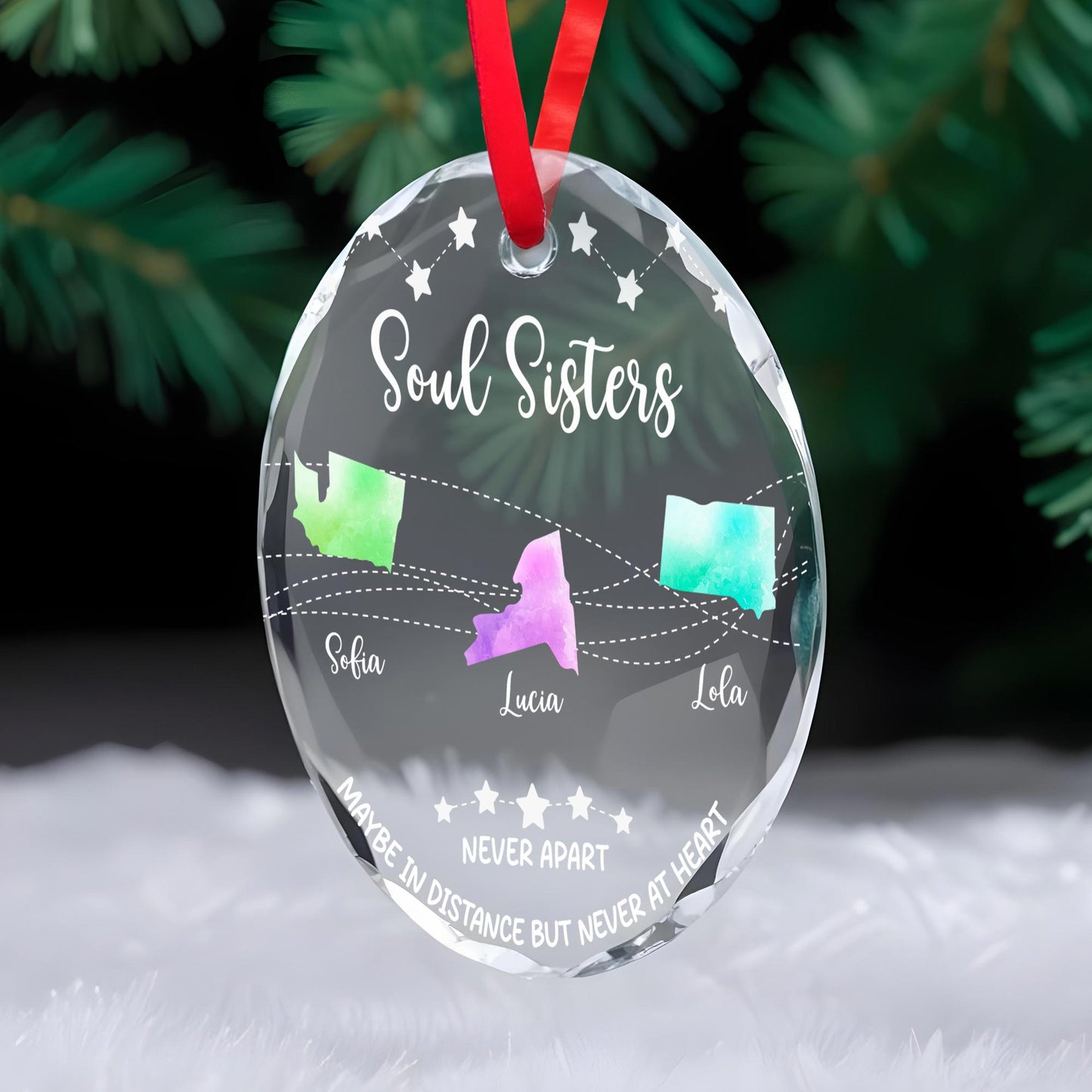 Soul Sisters Maybe In Distance But Never At Heart Ornament - Personalized Custom Circle Glass Ornament - BST096_CGOR