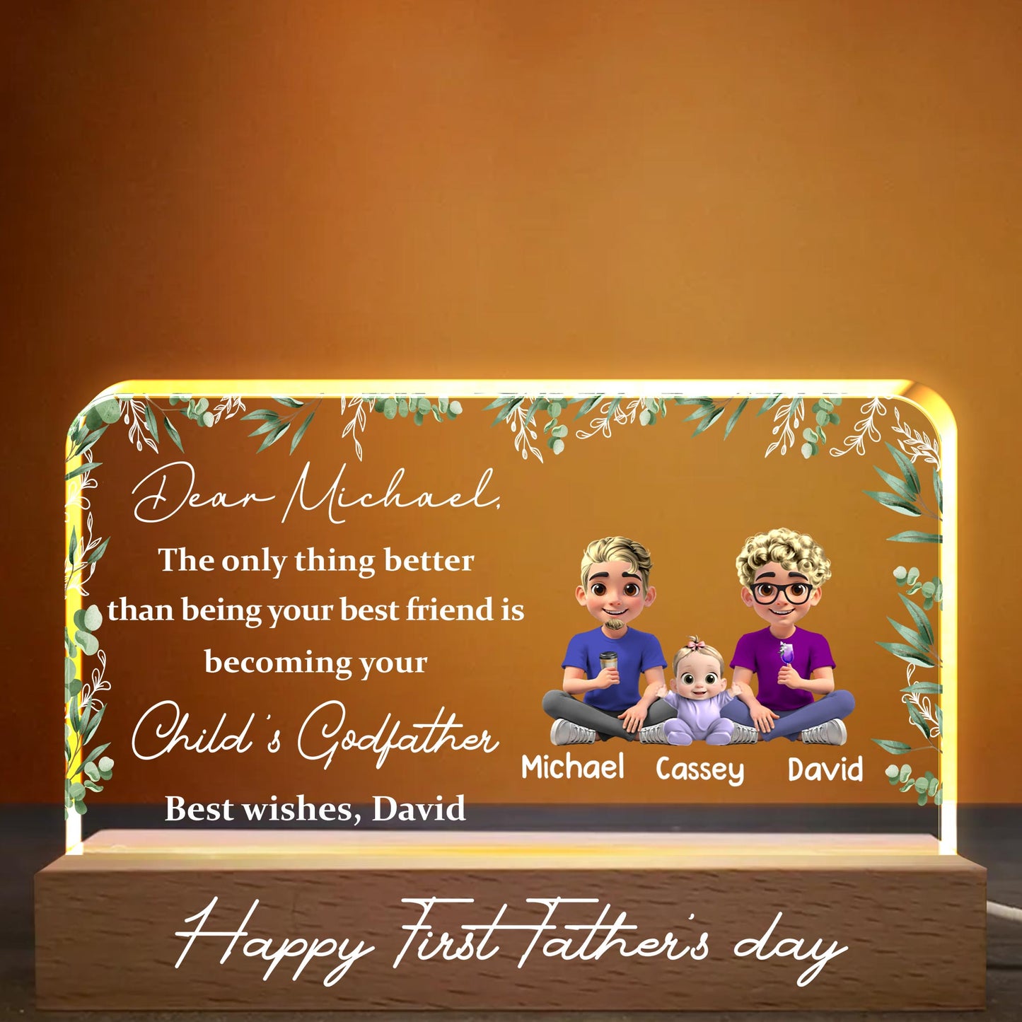 Cher Michael, la seule chose qui soit meilleure que d'être ton meilleur ami, c'est de devenir le parrain de ton enfant, de sa famille et de ses feuilles - Veilleuse LED personnalisée avec base en bois - BST145_LEWO