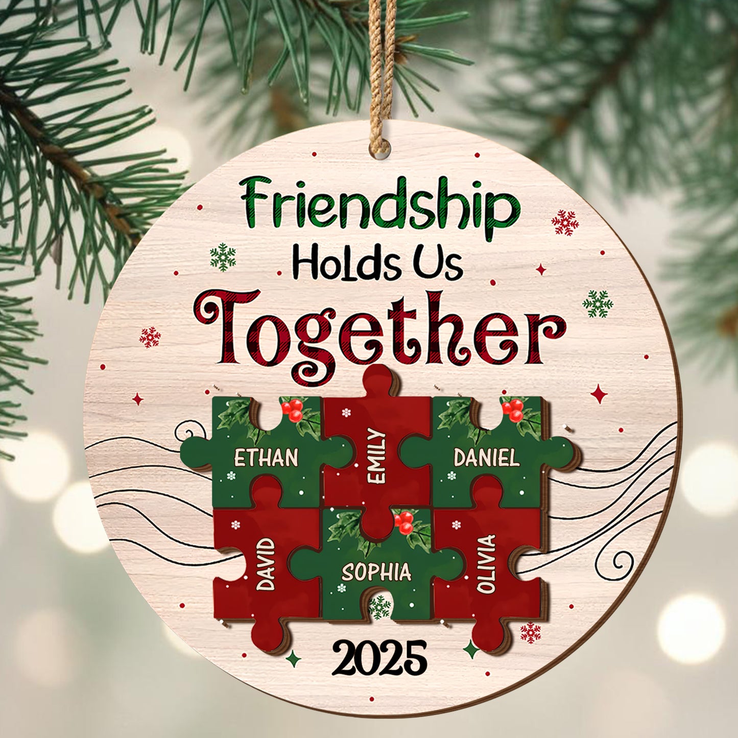 Friendship Hold Us Together With Puzzle Pieces And Holly - Personalized Double Layer Wood Ornament - BST223_DWO