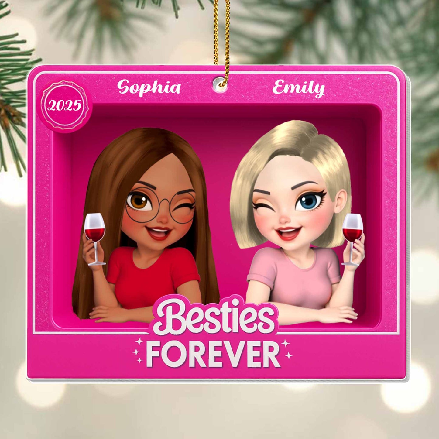 Besties Forever With Cartoon Girls And Wine Glasses