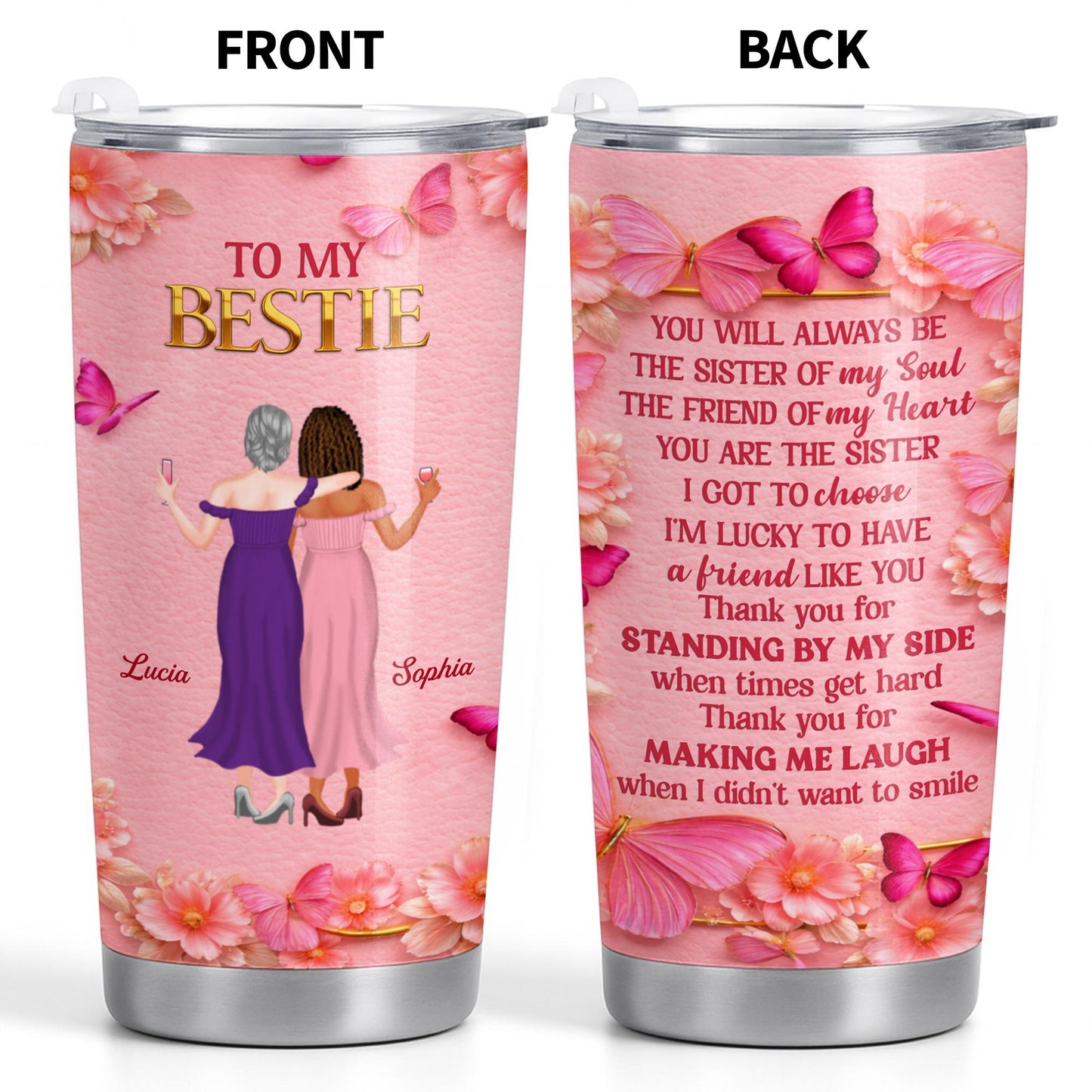 To My Bestie, Women Toasting With Flowers Stainless Steel Tumbler