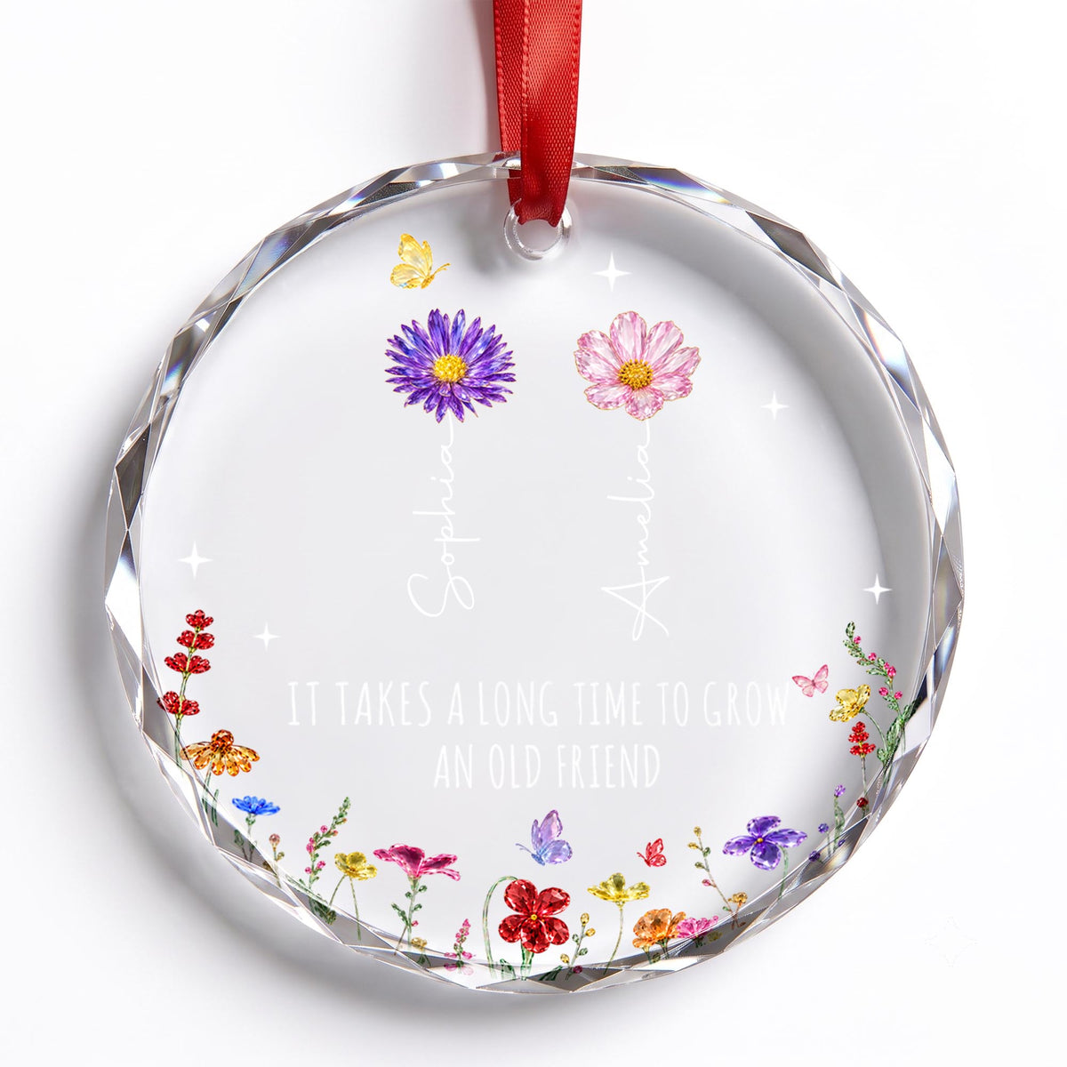 It Takes A Long Time To Grow An Old Friend Birth Month Flowers - Personalized Custom Circle Glass Ornament - BST901_CGOR