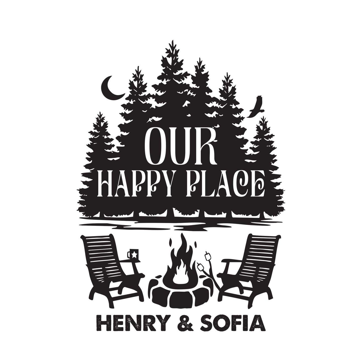 Our Happy Place With Trees, Campfire, And Chairs