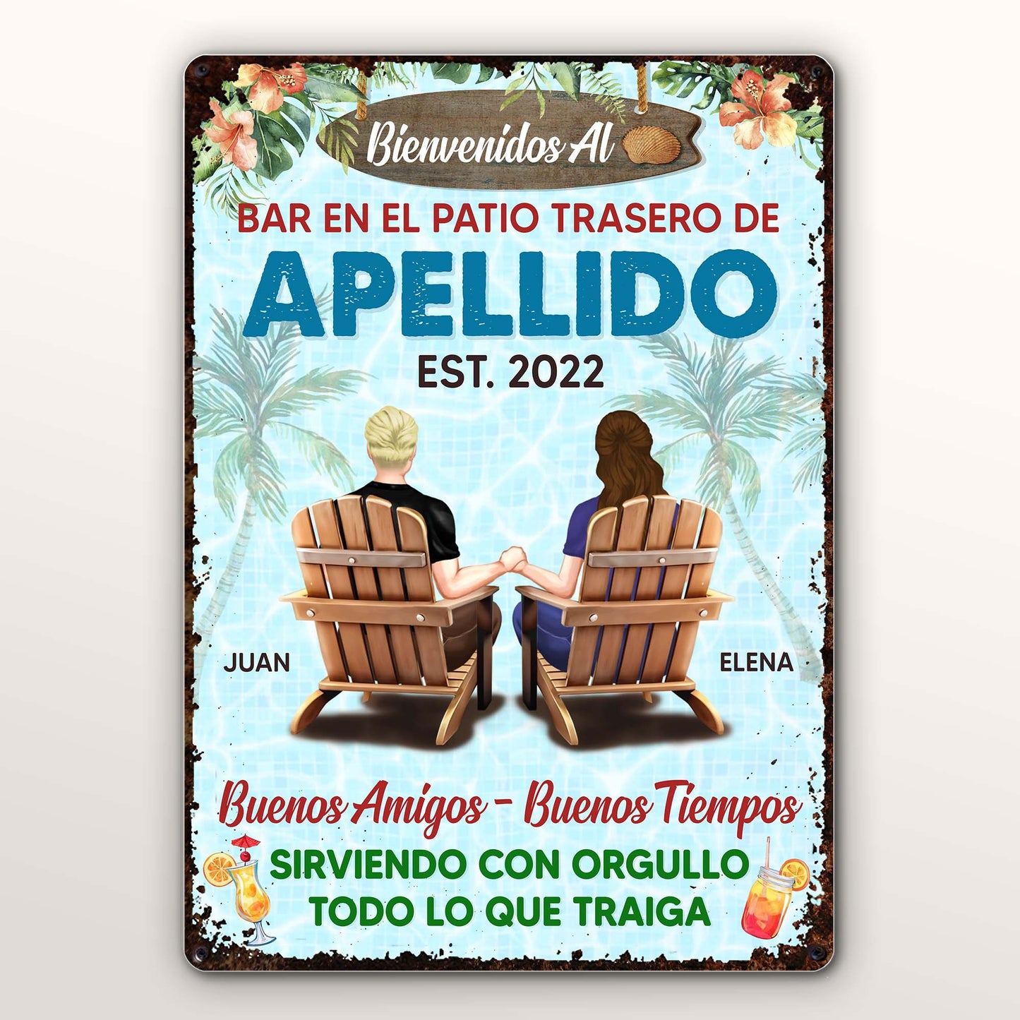 Bienvenidos Al Bar En El Patio Trasero De Apellido, Adirondack Chairs And Palm Trees