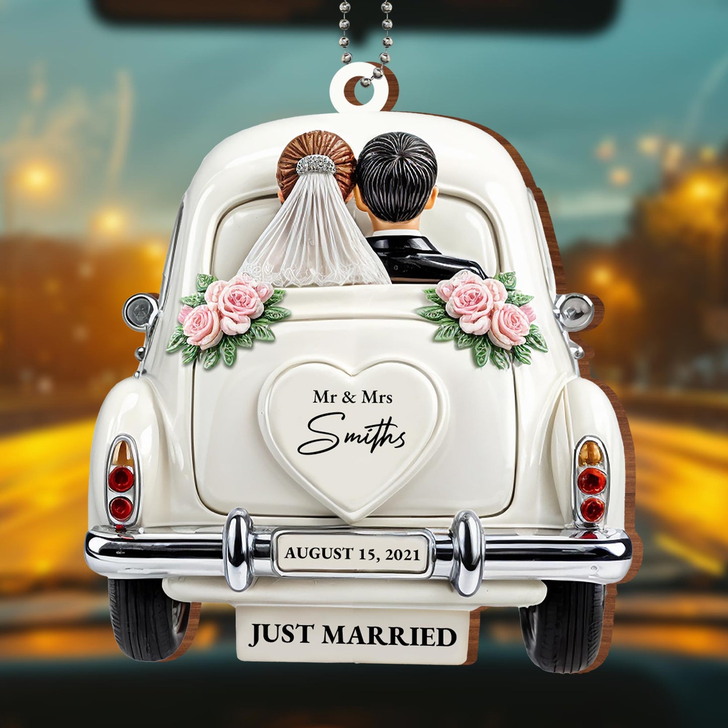 Just Married Celebratory Car Ornament With Roses
