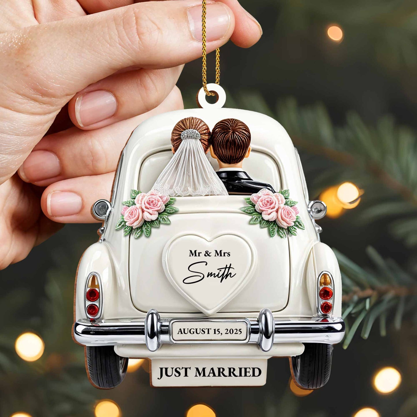 Celebración de recién casados con coche de bodas clásico - Adorno de madera personalizado, forma personalizada - CPL114_WDO