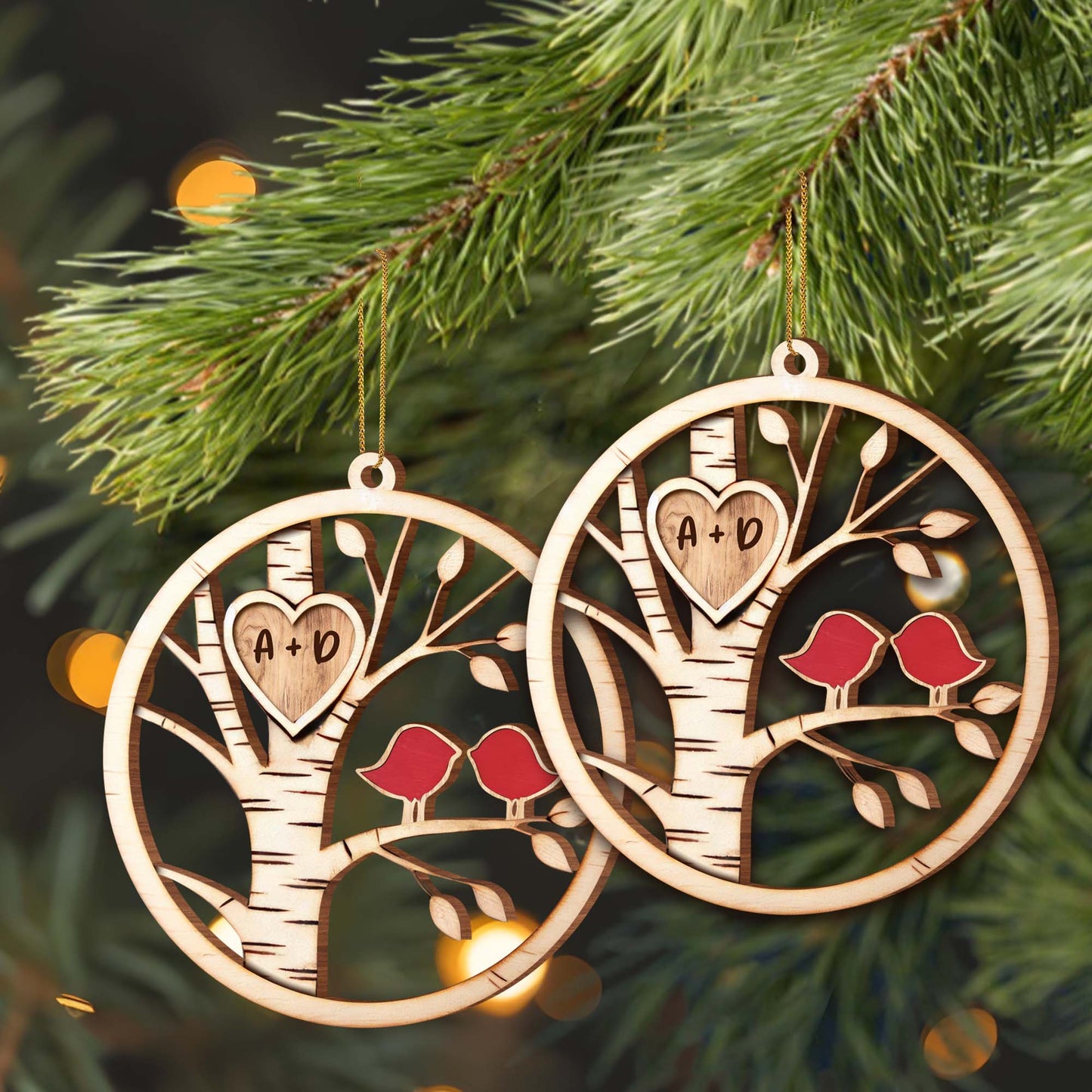 Carved Love With Birds In Birch Tree