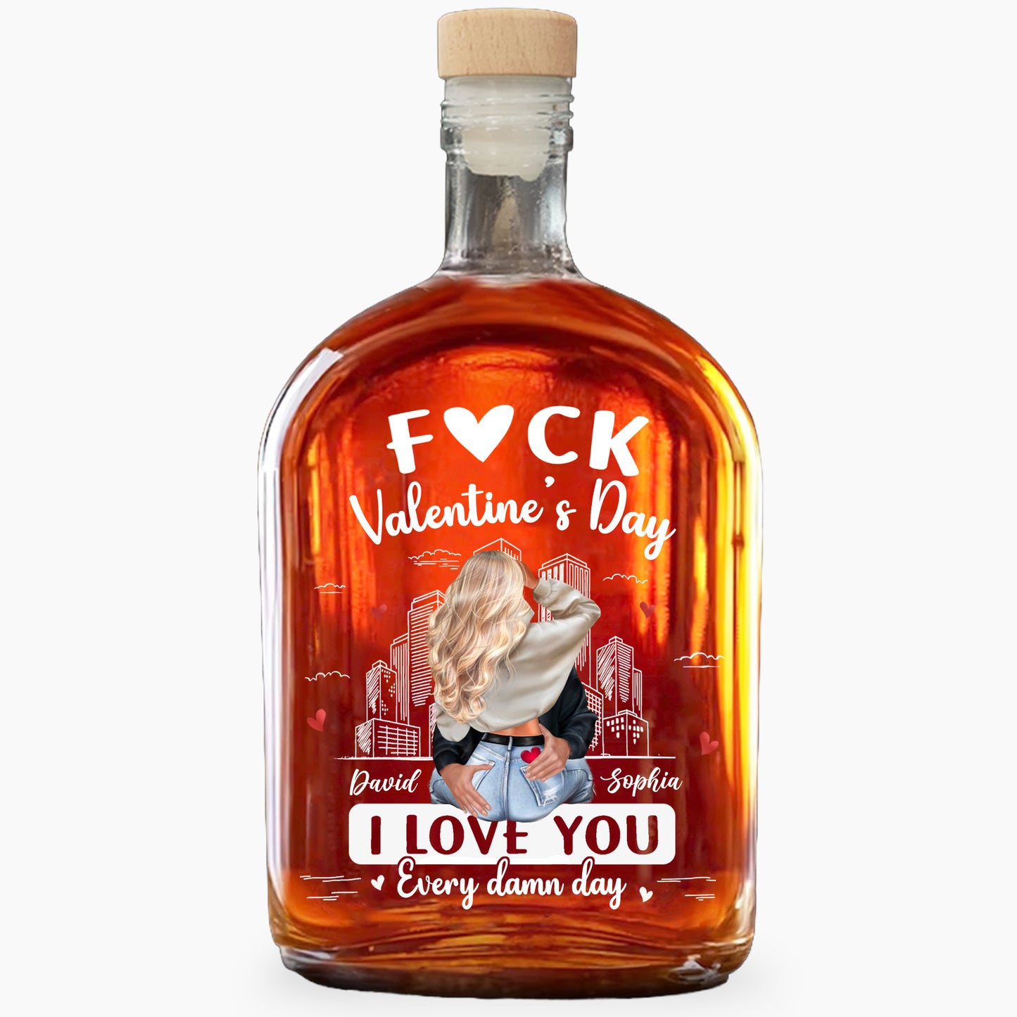 F❤CK Valentine's Day, I Love You, Heart And Cityscape - Personalized Whiskey Bottle - CPL1329_WHIBA