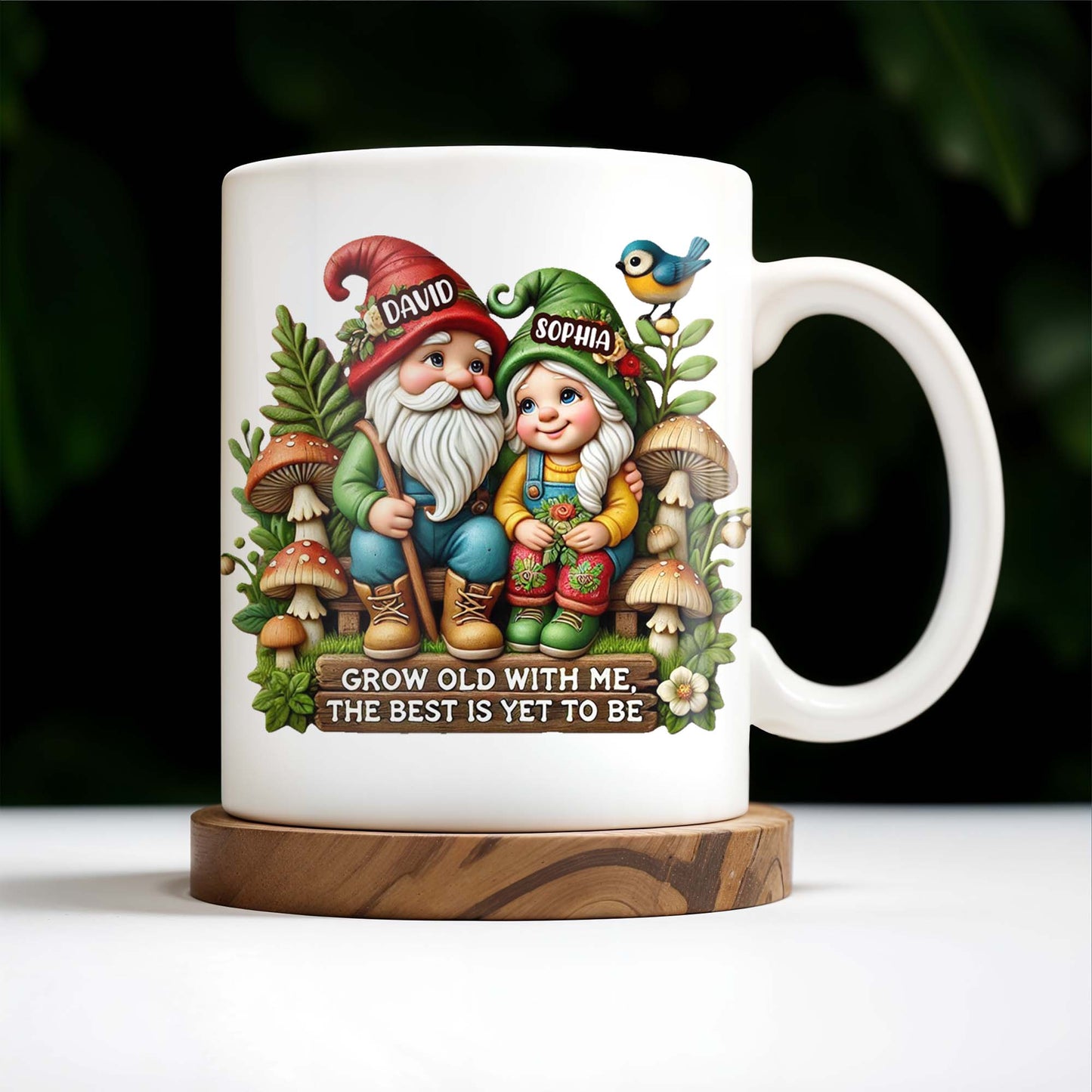 Grow Old With Me Gnome Mug Featuring Birds and Flowers
