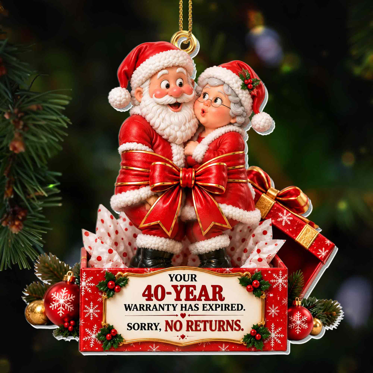 Our Years Warranty Has Expired Santa Couple Gift Box - Personalized Custom Acrylic Ornament, Christmas Gift - CPL2167_ACO