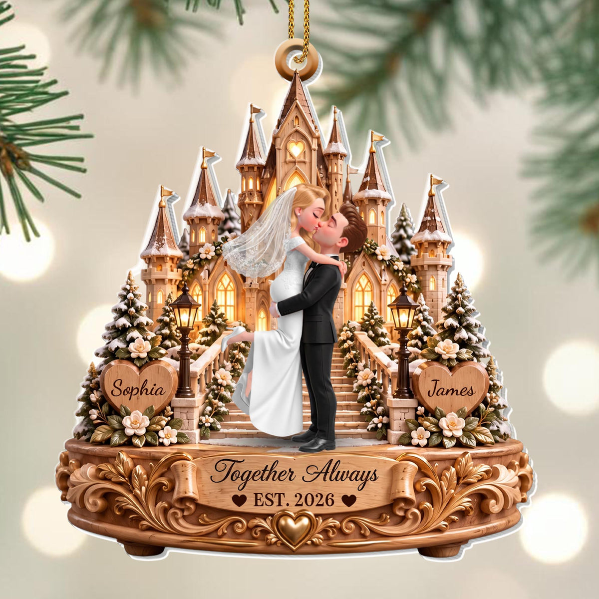 Together Always Wedding Day Bride And Groom With Castle - Personalized Custom Acrylic Ornament, Christmas Gift - CPL2182_ACO