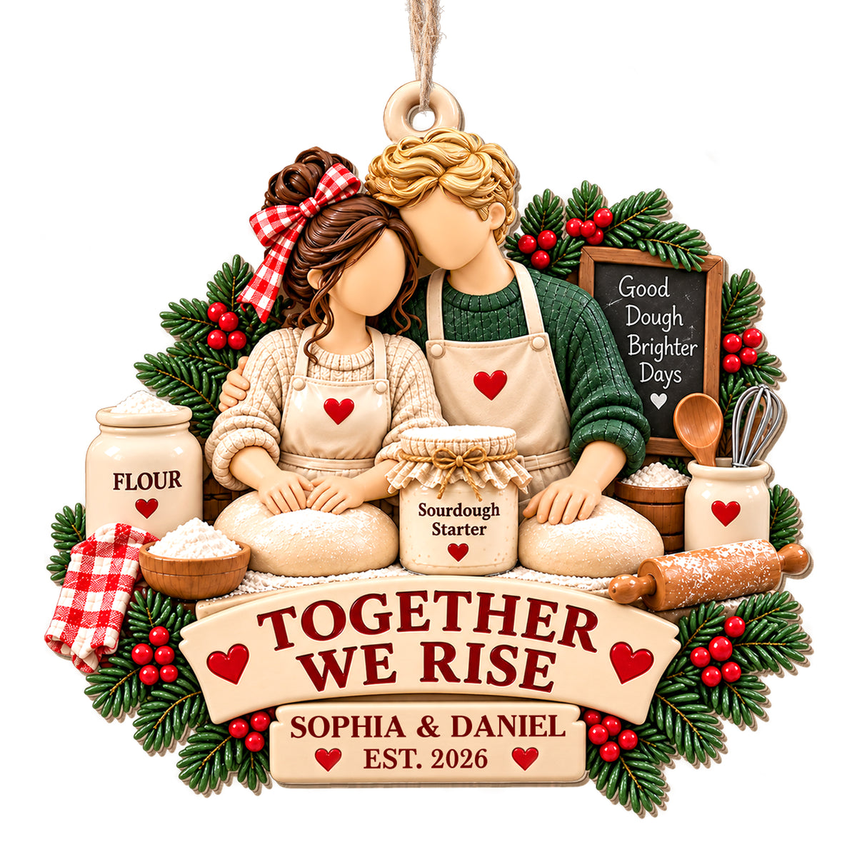 Together We Rise, Sourdough Baking Couple With Flour And Rolling Pin - Personalized Custom Wood Ornament, Custom Shaped - CPL2267_WDO