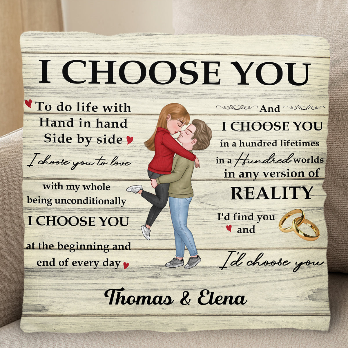 Je te choisis, main dans la main, côte à côte, oreiller pour couple amoureux - Oreiller personnalisé, insert inclus - CPL239_PLW