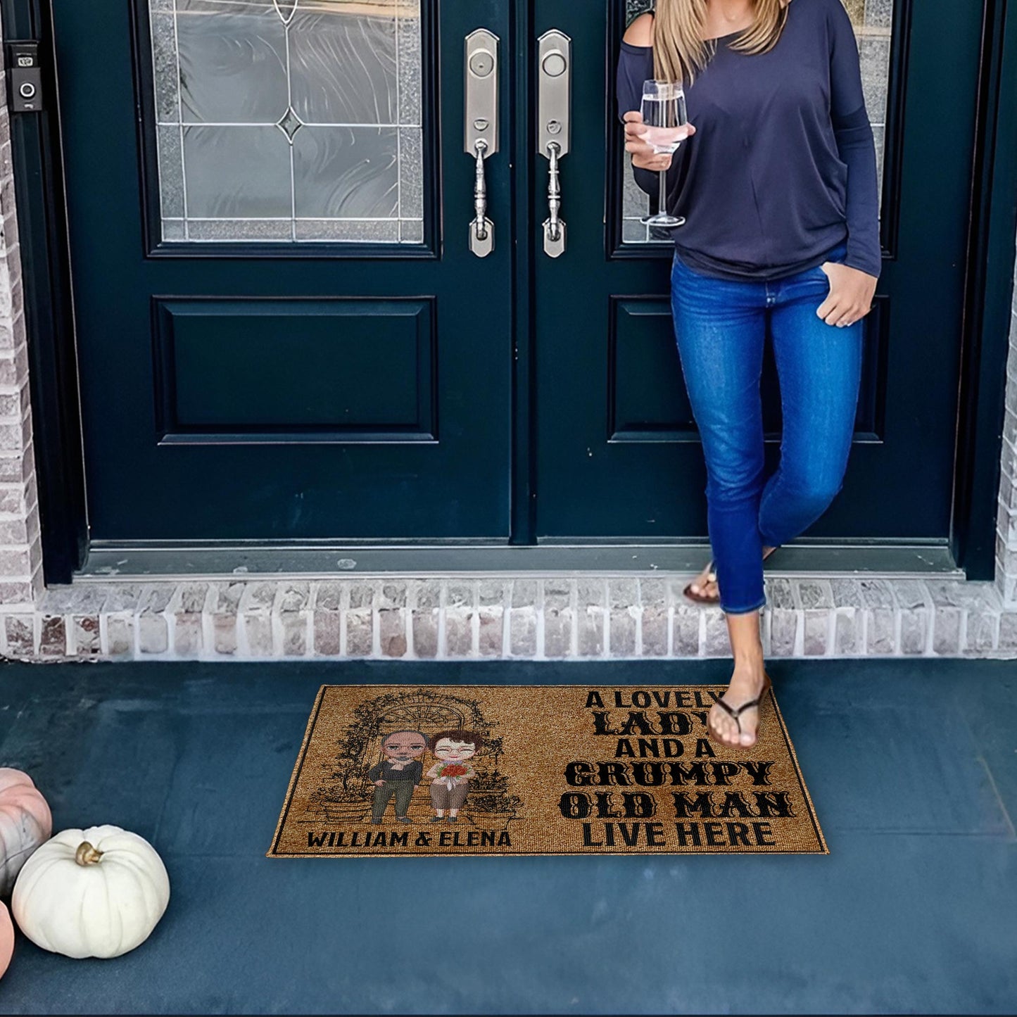 Lovely Lady And Grumpy Old Man Cartoon Couple Doormat
