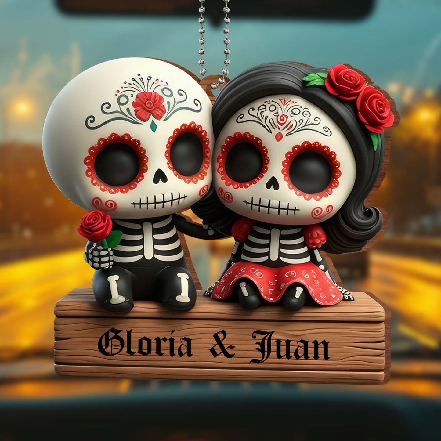 Adorno de Calaveras "Unidos por Siempre en el Amor y la Tradición" - Adorno de Madera Personalizado, Adorno para Auto - CPL308_WCA