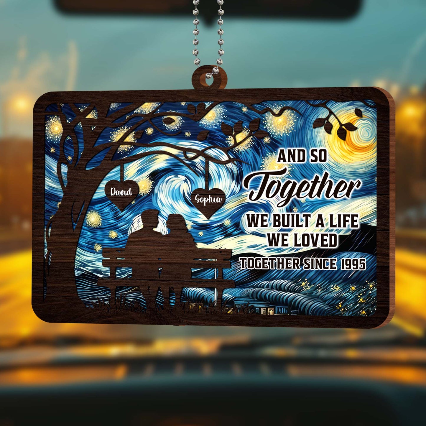 Night Sky And Tree Couple Silhouette Wood Ornament