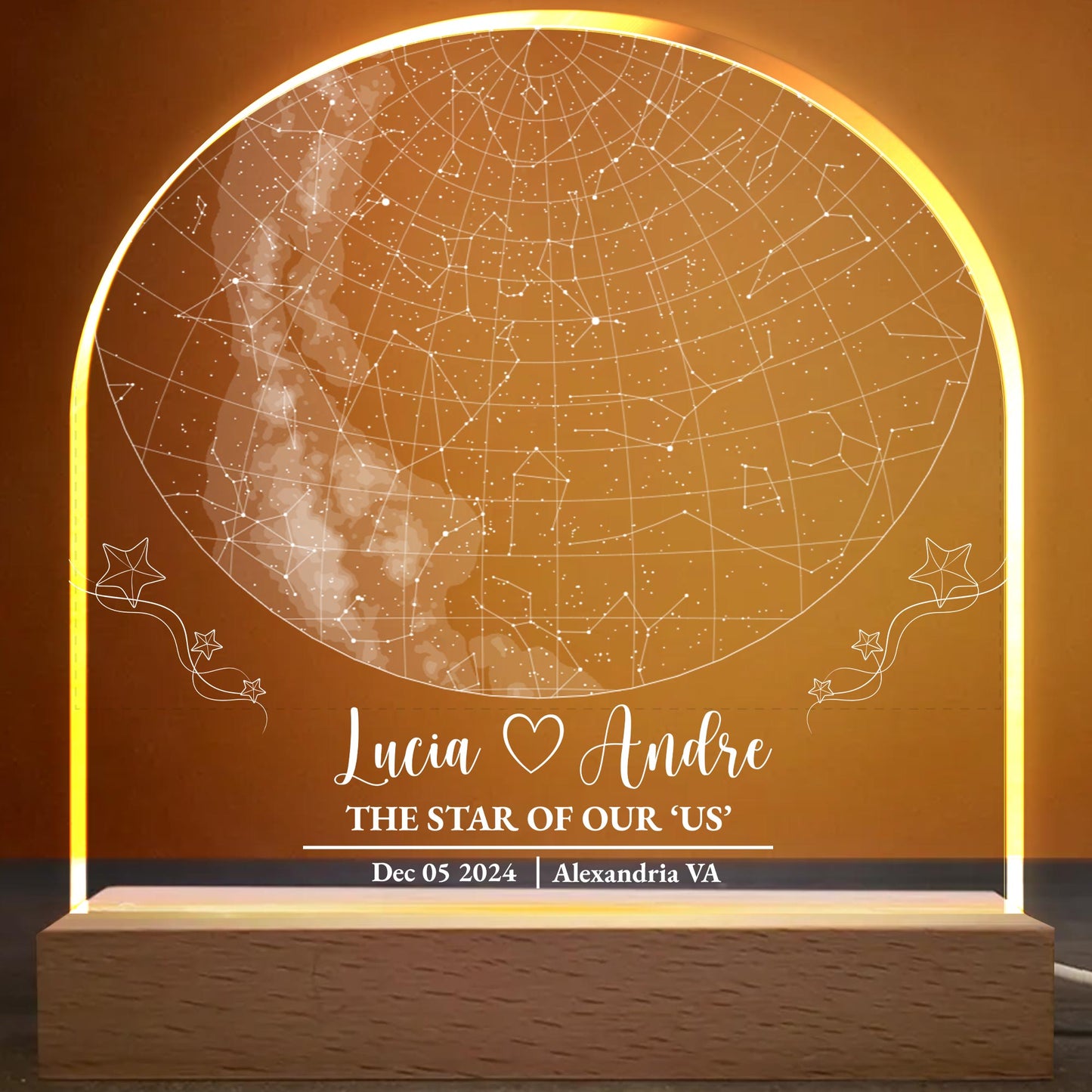 La Estrella de Nuestro 'Nosotros', Mapa de Constelaciones y Corazón - Luz de Noche LED Personalizada con Base de Madera - CPL369_LEWO