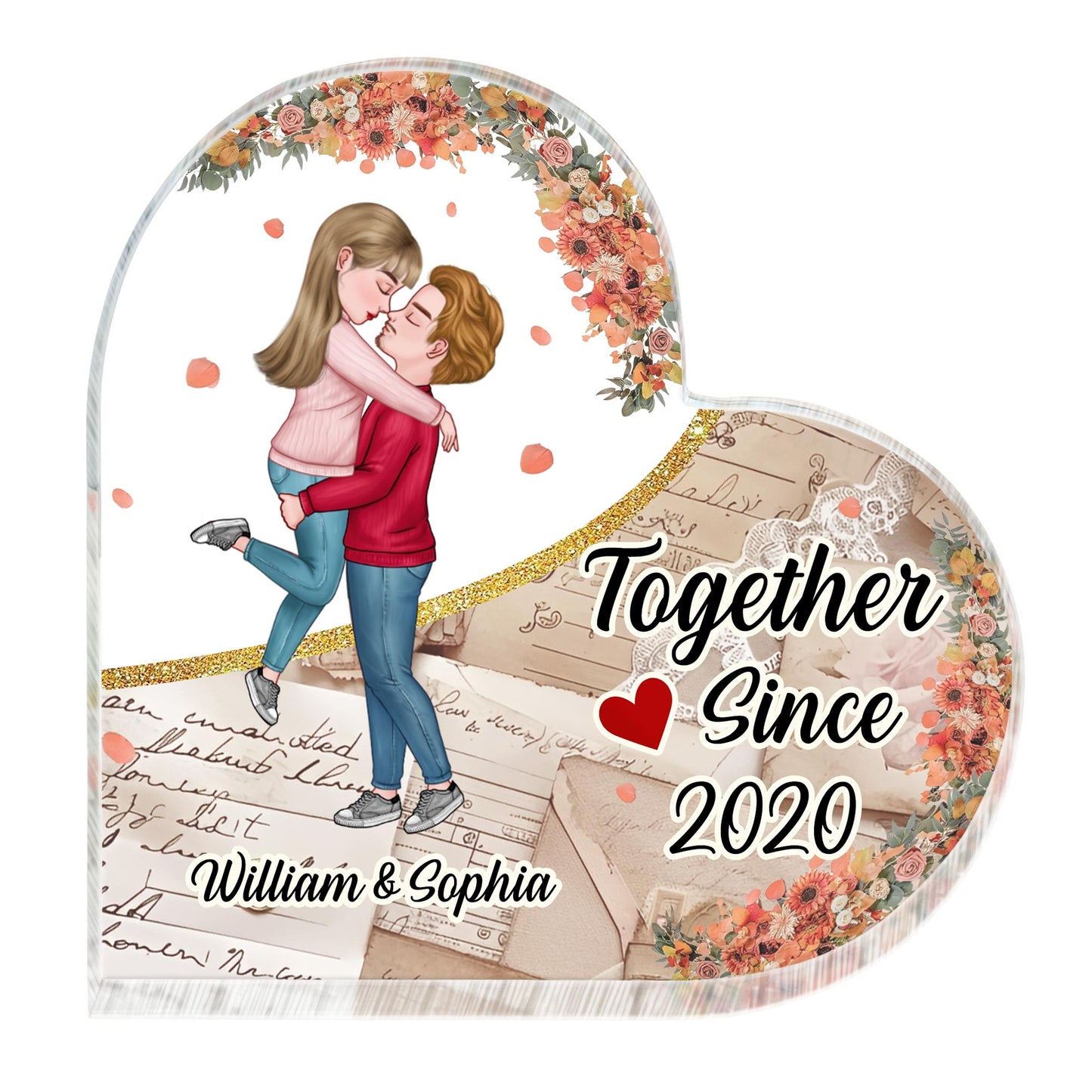 Together Since Year, Couple Embrace With Floral Design