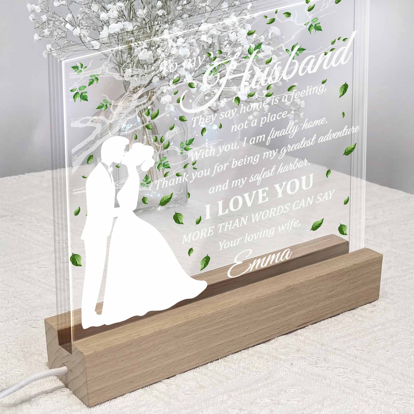 To My Husband, Home Is A Feeling, With Tree And Leaves Design