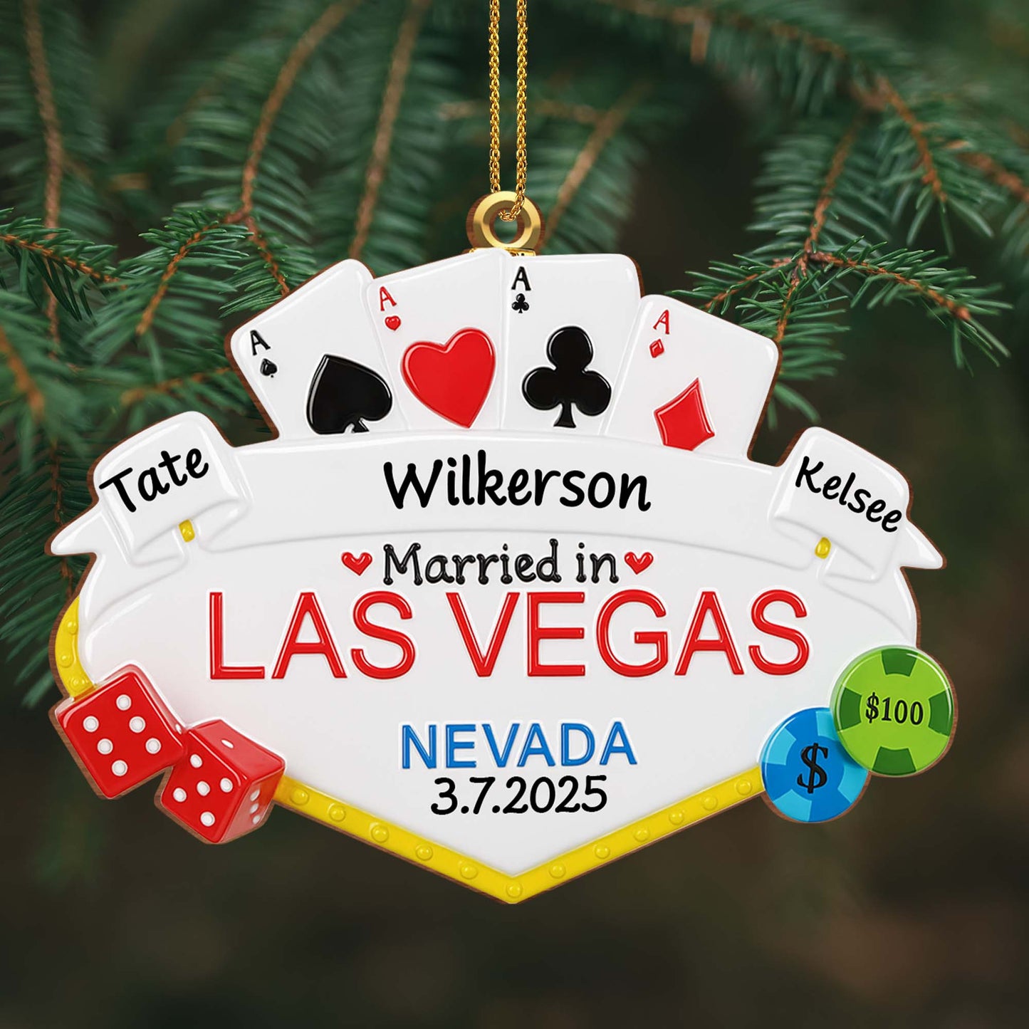 Marié à Las Vegas avec cartes à jouer, dés et jetons de poker - Décoration en bois personnalisée, forme personnalisée - CPL464_WDO