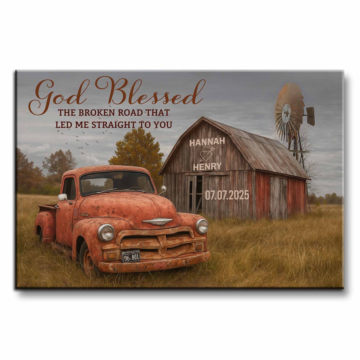 God Blessed The Broken Road, Vintage Car And Barn