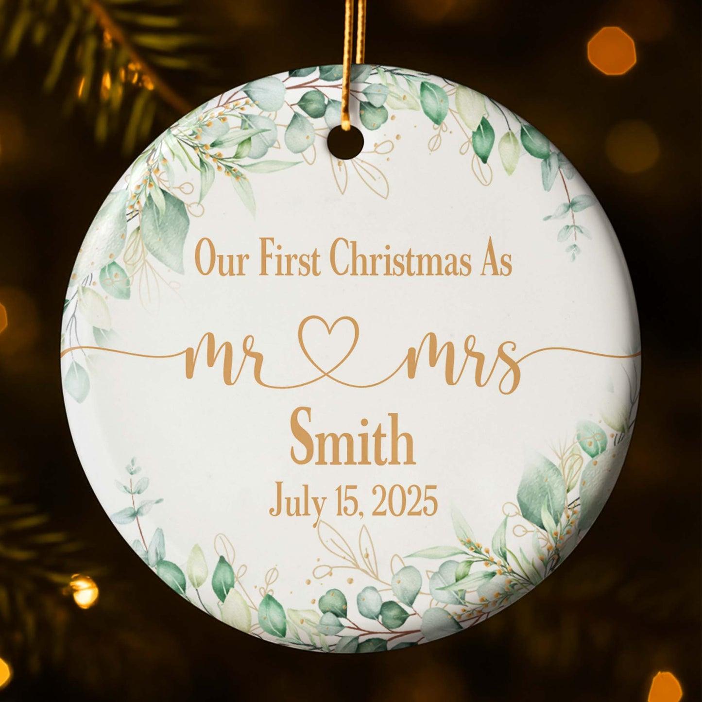 Our First Christmas As Mr & Mrs With Leaves And Hearts