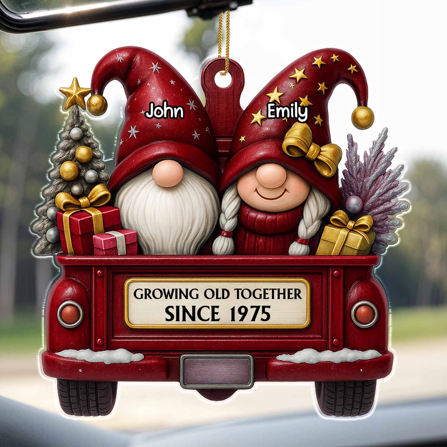 Growing Old Together Since, Red Truck With Gnomes And Christmas Tree