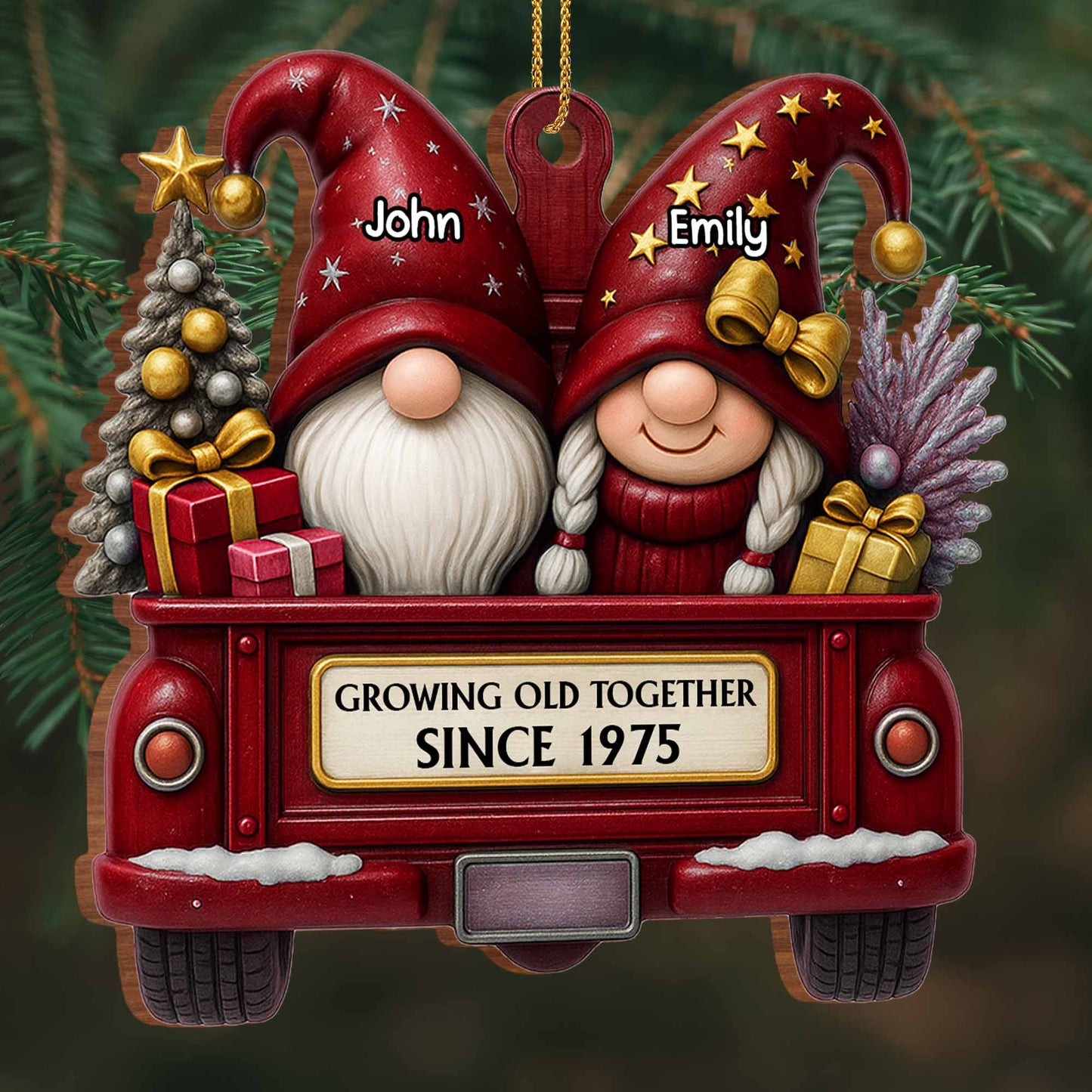 Growing Old Together, Red Truck With Christmas Gnomes