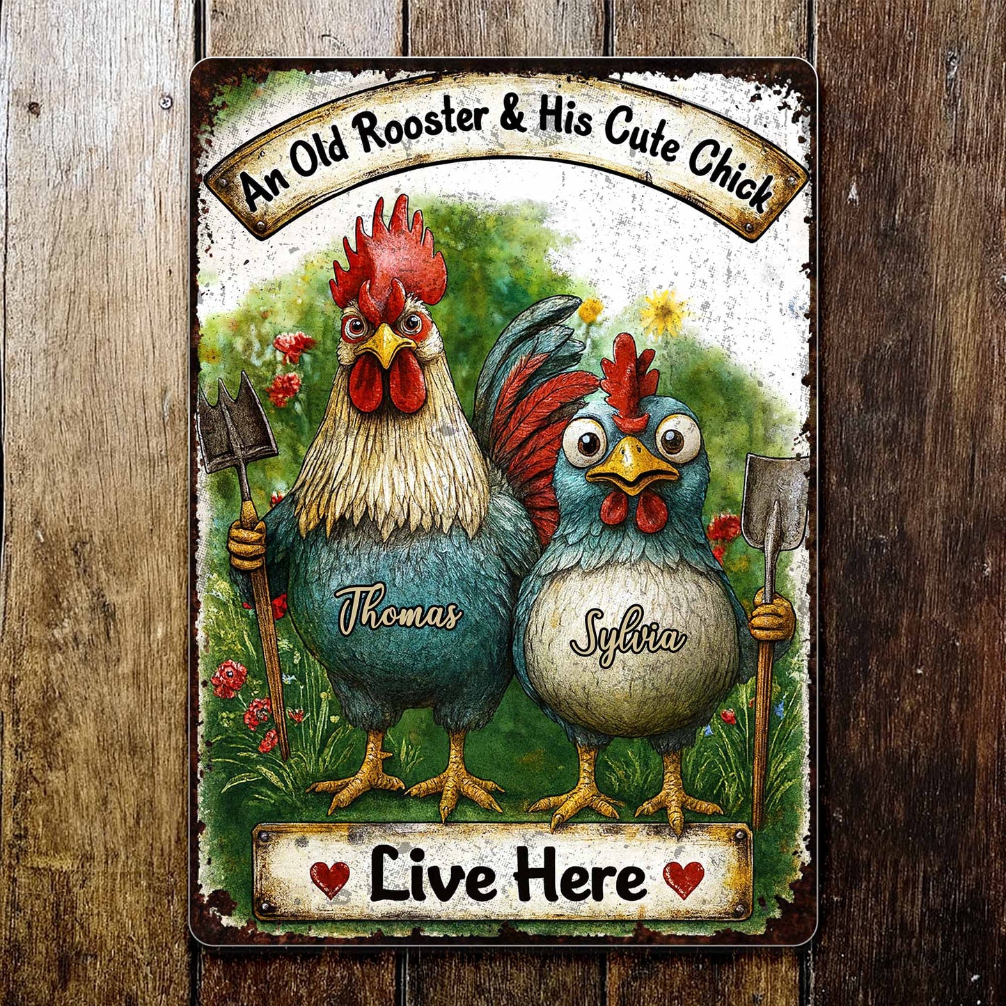 An Old Rooster & His Cute Chick Live Here