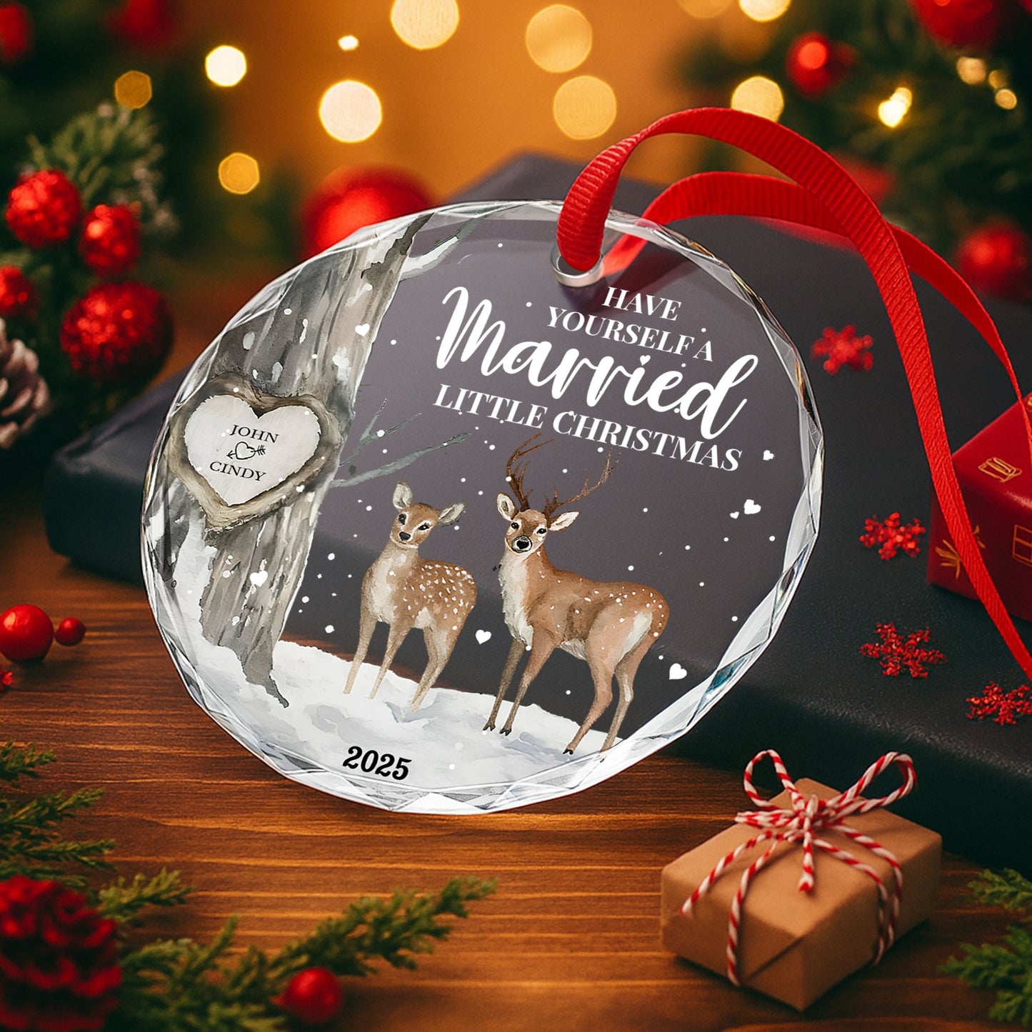 Joyeux Noël en amoureux avec un motif cerf et cœur - Décoration en verre personnalisée en forme de cercle - CPL508_CGOR