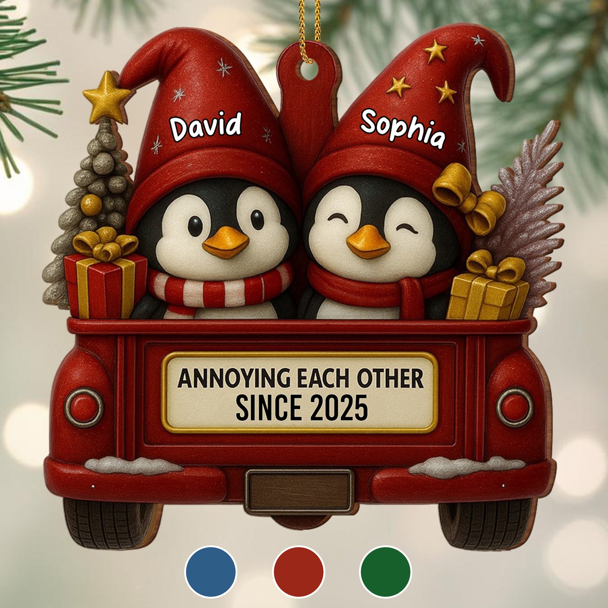 Three Penguins With A Wreath Custom Christmas Ornament