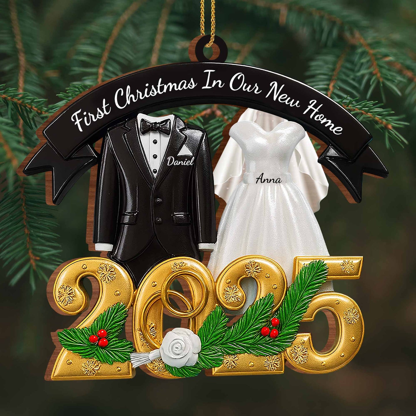 First Christmas In Our New Home With Wedding Attire And Pine Decoration