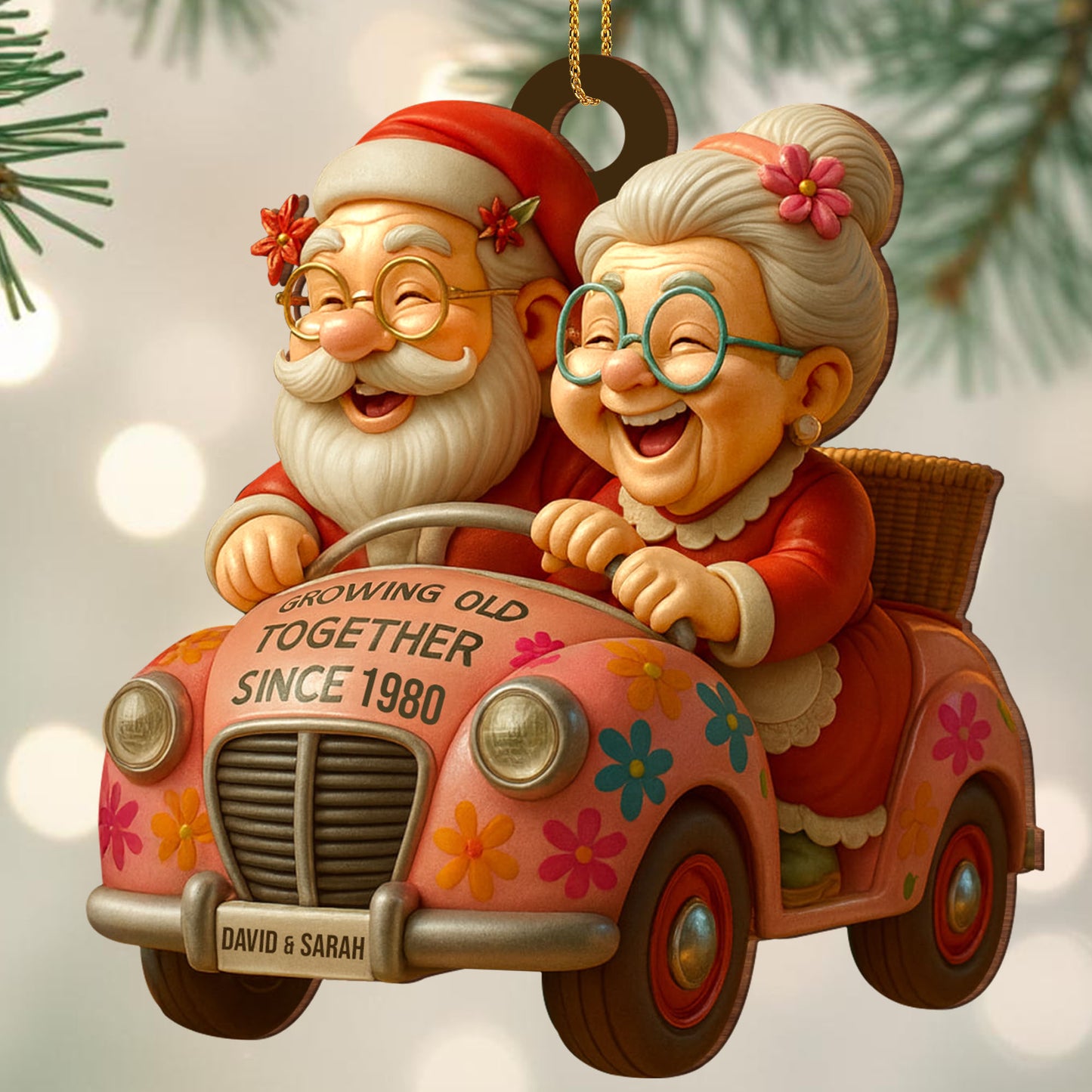Growing Old Together, Elderly Couple In Vintage Car - Personalized Custom Wood Ornament, Custom Shaped - CPL764_WDO