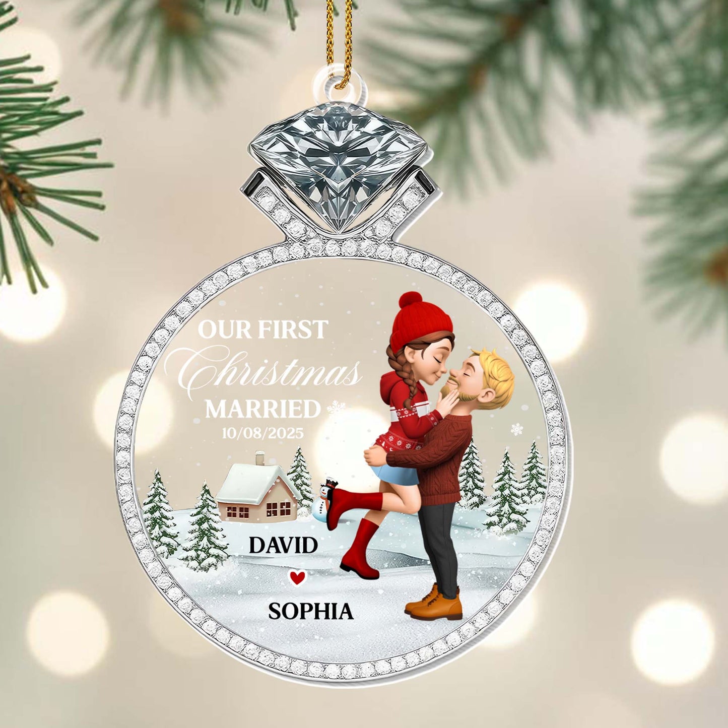 Our First Christmas Married, Couple And Snow Design