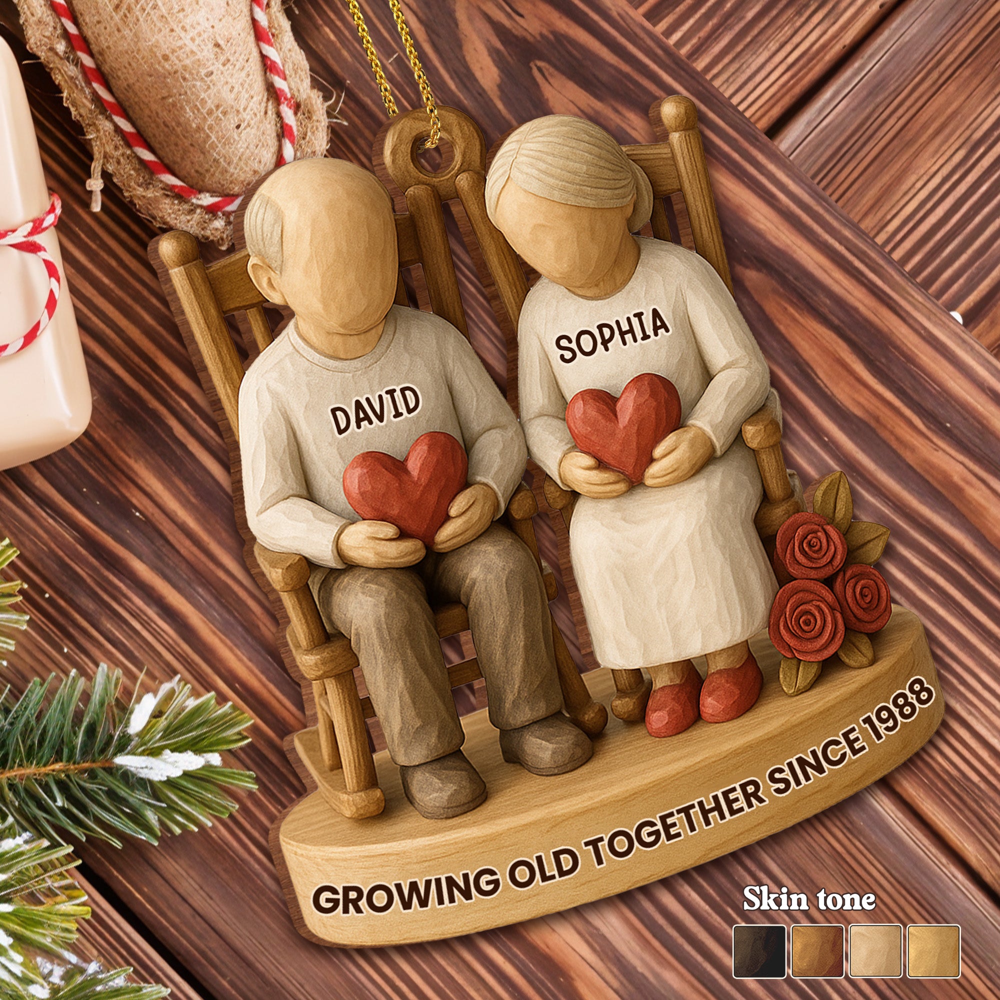 Growing Old Together Ornament – Personalized Heart & Rose