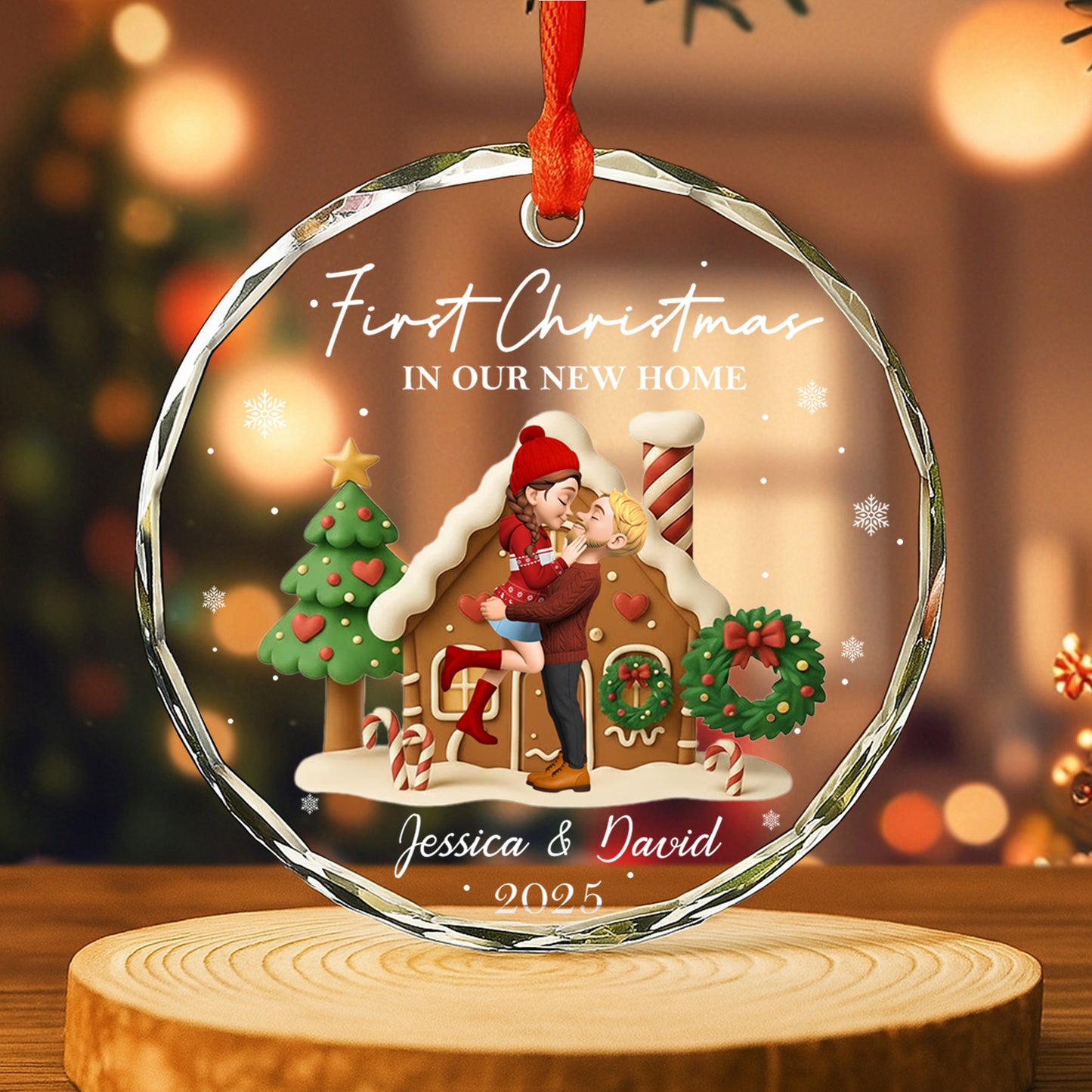 First Christmas In Our New Home, Christmas Tree And Candy Cane - Personalized Custom Circle Glass Ornament - CPL837_CGOR