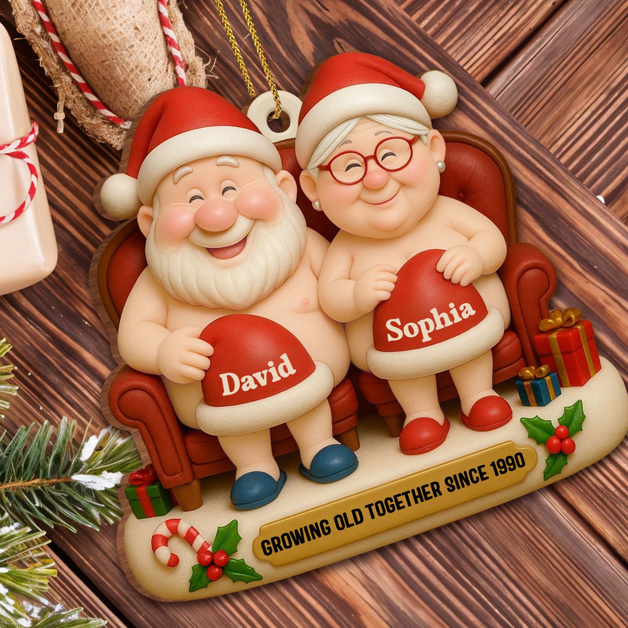 Growing Old Together Santa Hats And Christmas Motif - Personalized Custom Wood Ornament, Custom Shaped - CPL785_WDO – Inkify Lab Co