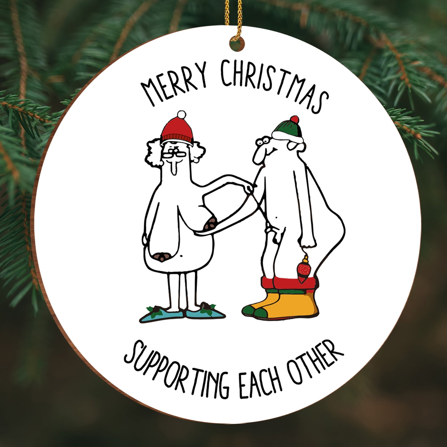 Merry Christmas Supporting Each Other With Santa Hats And Stockings