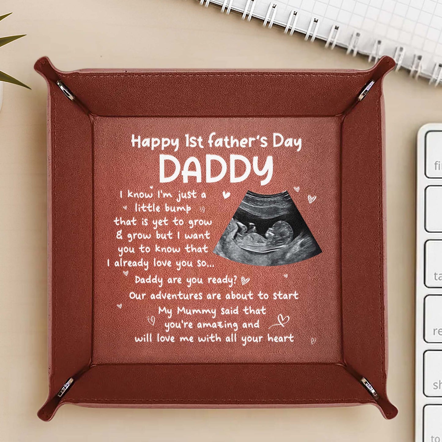 Happy 1st Father's Day Daddy, Ultrasound and Hearts - Personalized Leather Valet Tray - DAD002_LTRAY