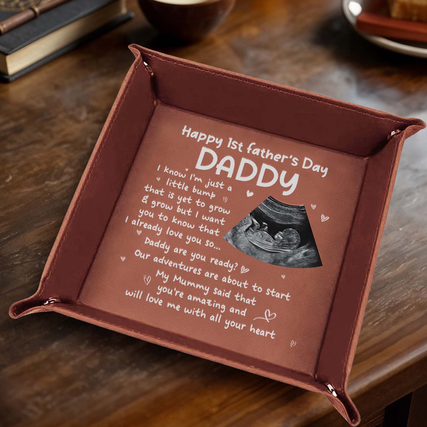 Happy 1st Father's Day Daddy, Ultrasound and Hearts - Personalized Leather Valet Tray - DAD002_LTRAY