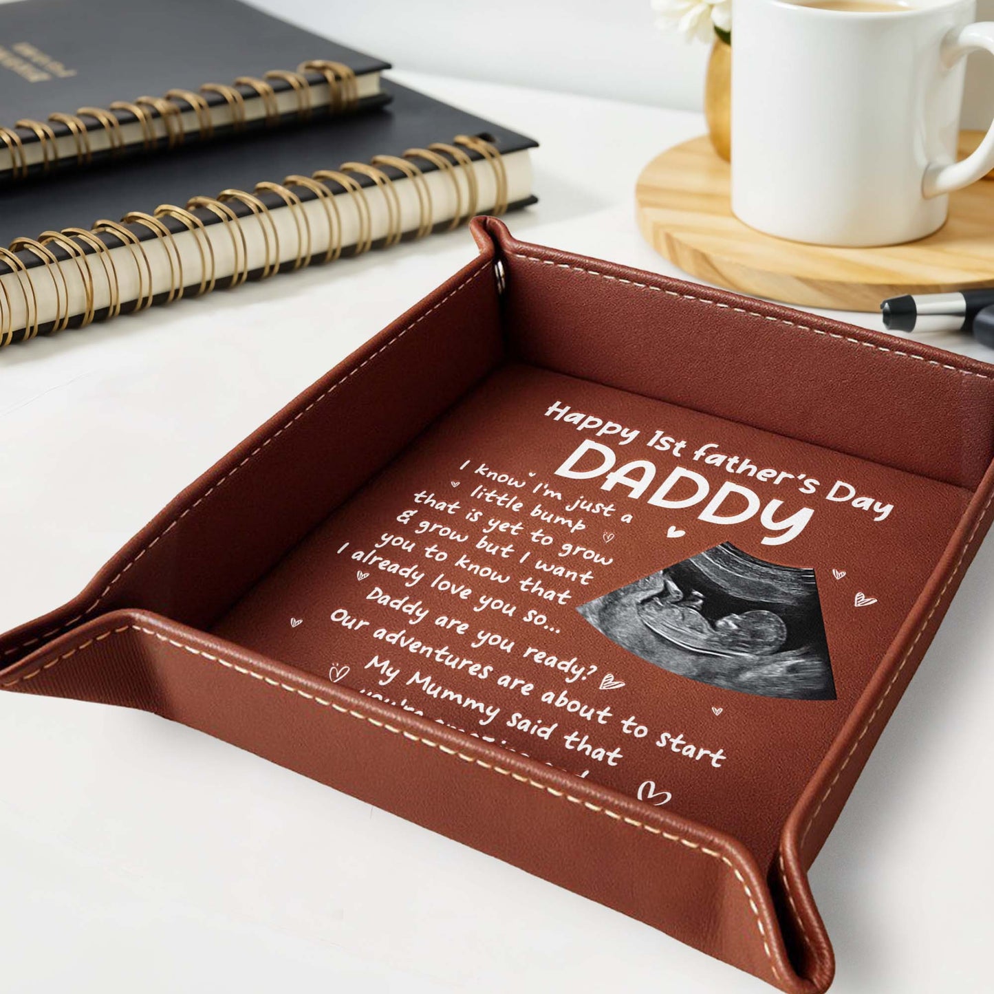 Happy 1st Father's Day Daddy, Ultrasound and Hearts - Personalized Leather Valet Tray - DAD002_LTRAY